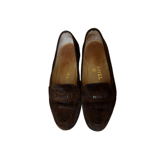 Vintage Chanel suede logo brown loafer / 36