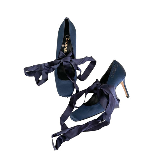 Vintage Chanel satin navy wrap around ballet core pump heels with crystal logo embellishing / 39