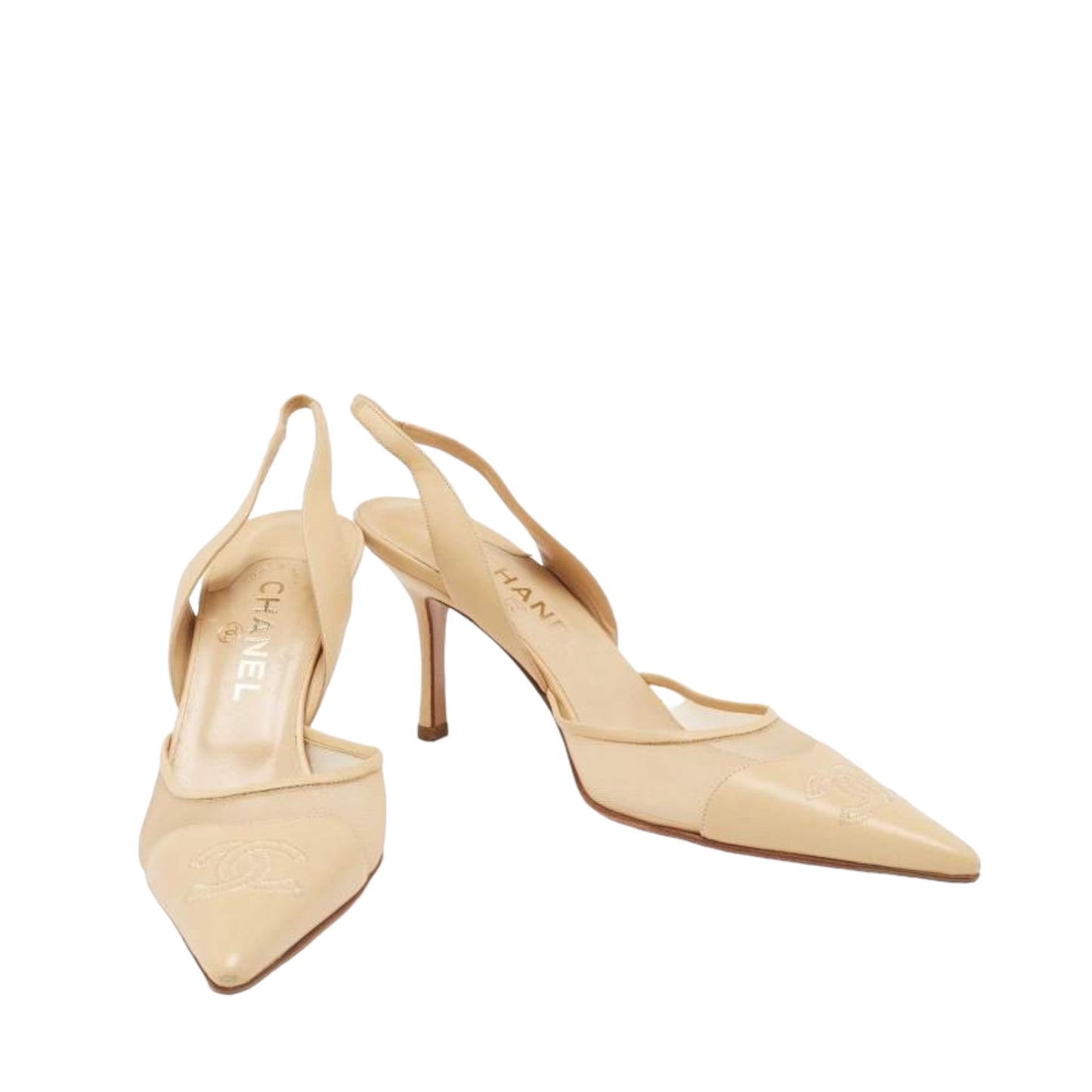 Vintage Chanel CC logo sling back cream heels by Karl Lagerfeld / 38.5