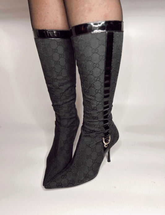 Vintage Gucci by Tom Ford black monogram canvas knee boots/37.5