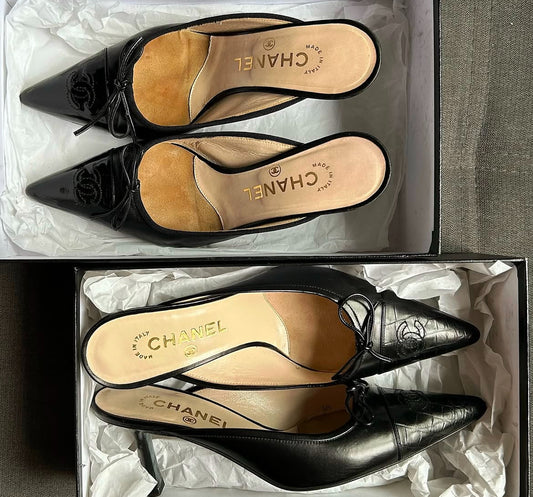 Vintage Chanel CC interlocking logo black leather mule heels by Karl Lagerfeld/ 36